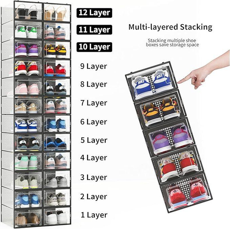 Pack of 12, Clear Plastic Stackable Shoes Organizer for Closet, Sneaker Container, Space Saving Foldable Shoe Rack for Room, Black Frame Lightweight