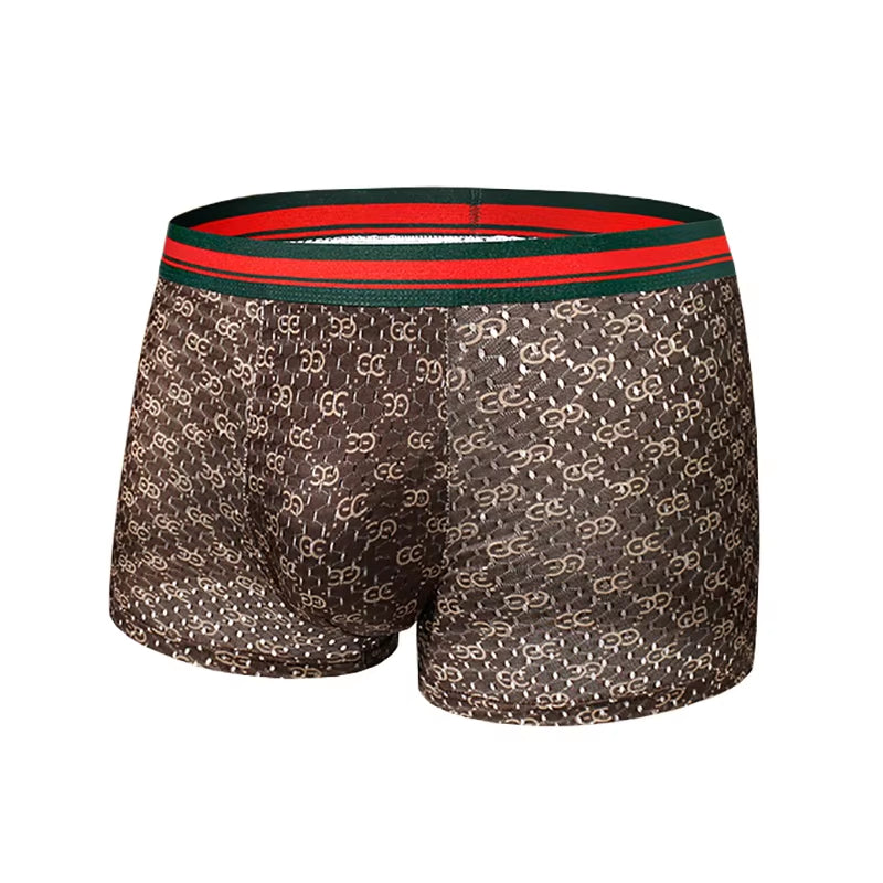 4Pcs/Set Men'S Underwear Ice Silk Ultra-Thin Printed Seamless Graphene Crotch Fashion Men Underpant Breathable Sexy Boxer Shorts