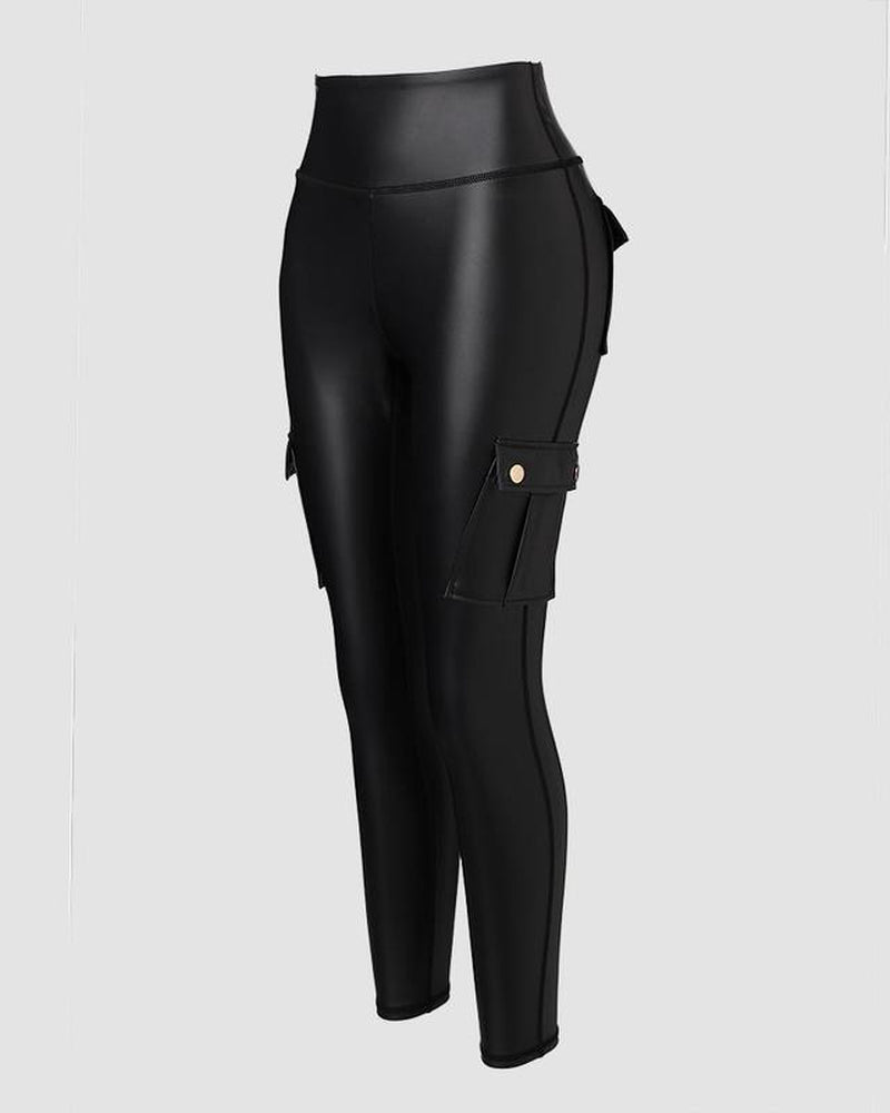 Chicme Leather Pants for Women High Waist Cargo Pockets Stretch Pants Leather Leggings