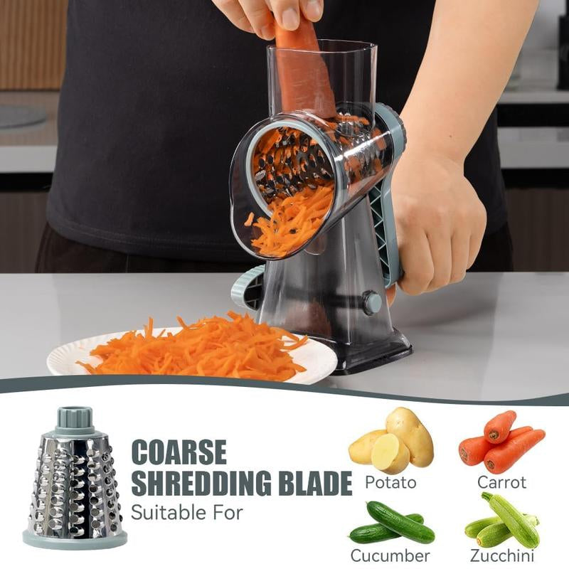 [On Sale] Rotary Cheese Grater with Handle Vegetable Cheese Shredder Slicer Grater for Kitchen 3 Changeable Blades for Cheese Potato - Grey Blue