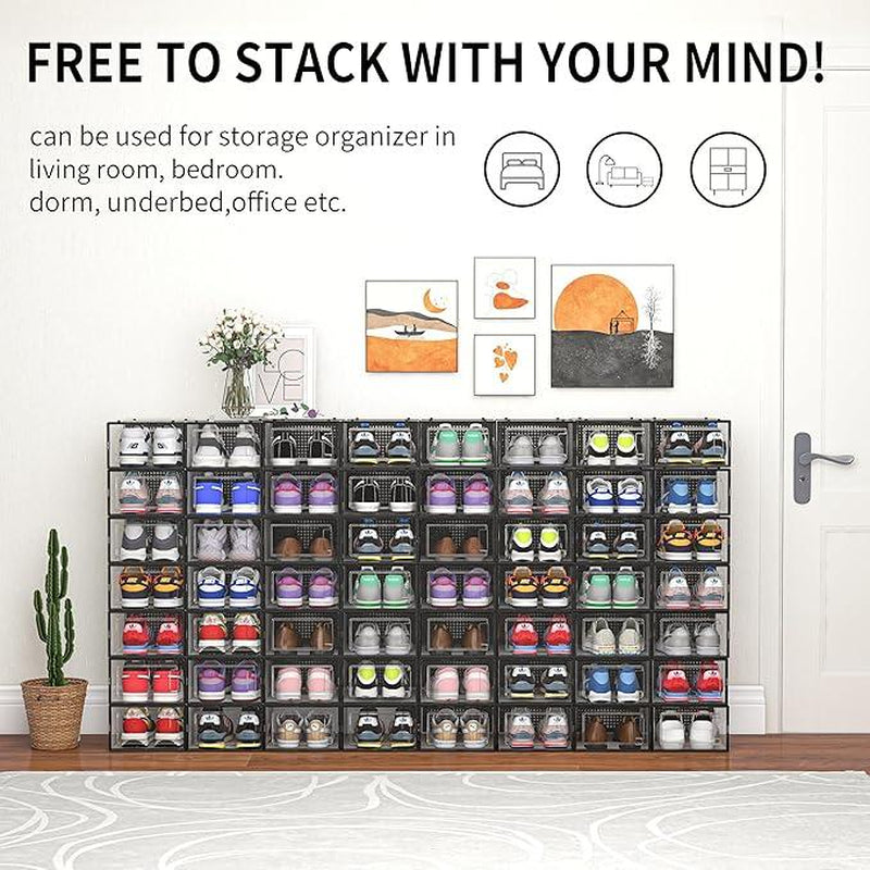 Pack of 12, Clear Plastic Stackable Shoes Organizer for Closet, Sneaker Container, Space Saving Foldable Shoe Rack for Room, Black Frame Lightweight