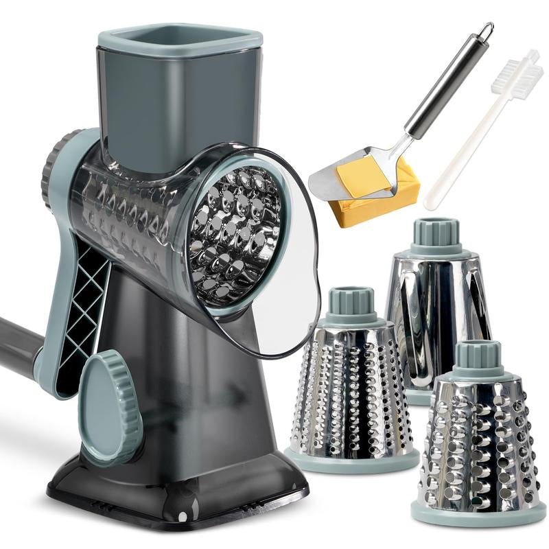 [On Sale] Rotary Cheese Grater with Handle Vegetable Cheese Shredder Slicer Grater for Kitchen 3 Changeable Blades for Cheese Potato - Grey Blue