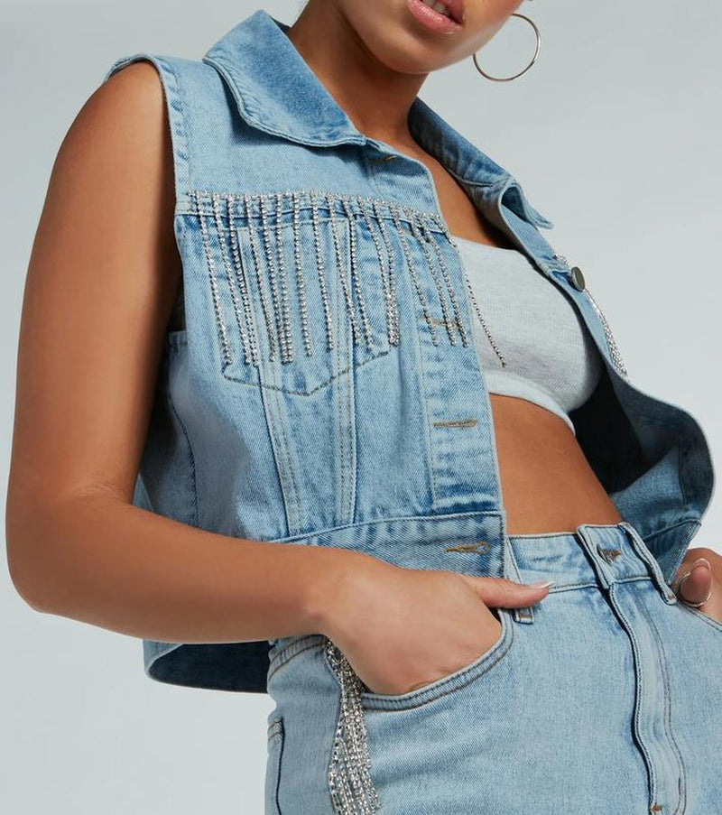 Country Glamour Rhinestone Fringe Denim Vest