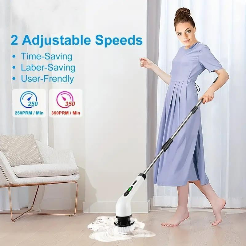 Electric Cleaning Brush, 1 Set USB Rechargeable Electric Rotary Floor Scrubber, Wireless Electric Rotary Scrubber with 9Pcs Brush Heads & Adjustable Extension Handle, Cleaning Tool