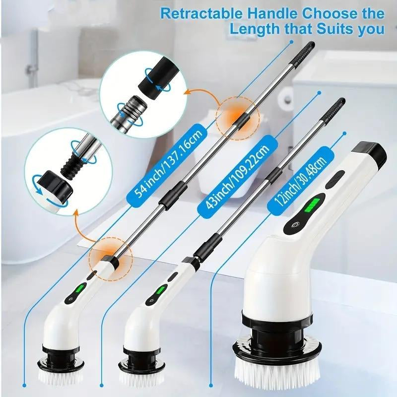 Electric Cleaning Brush, 1 Set USB Rechargeable Electric Rotary Floor Scrubber, Wireless Electric Rotary Scrubber with 9Pcs Brush Heads & Adjustable Extension Handle, Cleaning Tool