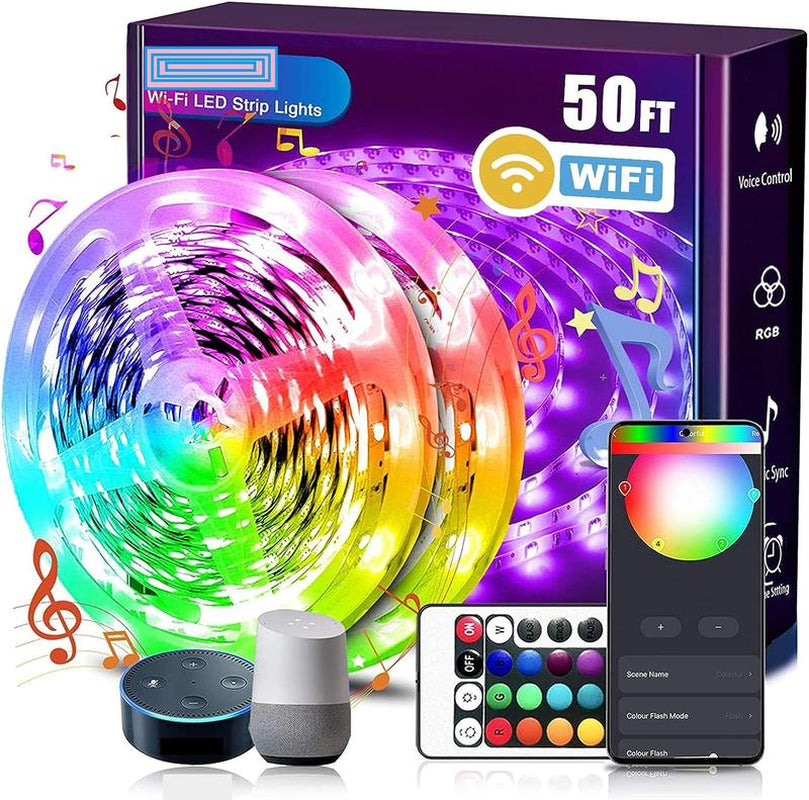 Smart Wifi LED Strip Lights 50Ft, 2 Rolls of 25Ft, Compatible with Alexa, Music Sync 5050 16 Million Colors Changing Phone App and 24 Key Remote