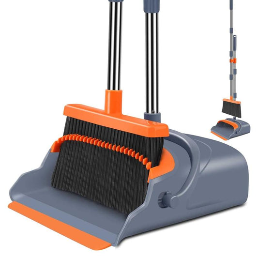 Upgrade Broom and Dustpan Set, Self-Cleaning with Dustpan Teeth, Indoor&Outdoor Sweeping, Ideal for Dog Cat Pets Home Use, Stand up Broom and Dustpan (Gray&Orange)