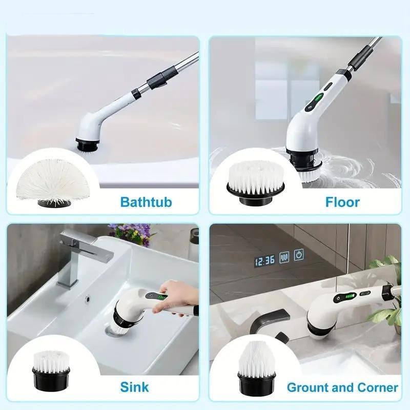 Electric Cleaning Brush, 1 Set USB Rechargeable Electric Rotary Floor Scrubber, Wireless Electric Rotary Scrubber with 9Pcs Brush Heads & Adjustable Extension Handle, Cleaning Tool