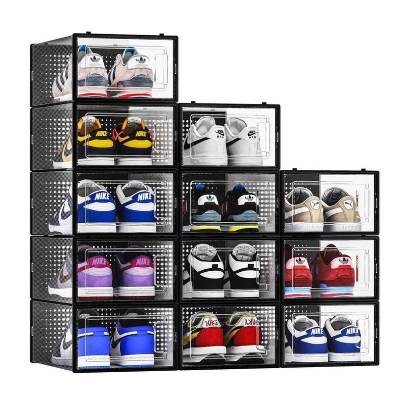 Pack of 12, Clear Plastic Stackable Shoes Organizer for Closet, Sneaker Container, Space Saving Foldable Shoe Rack for Room, Black Frame Lightweight