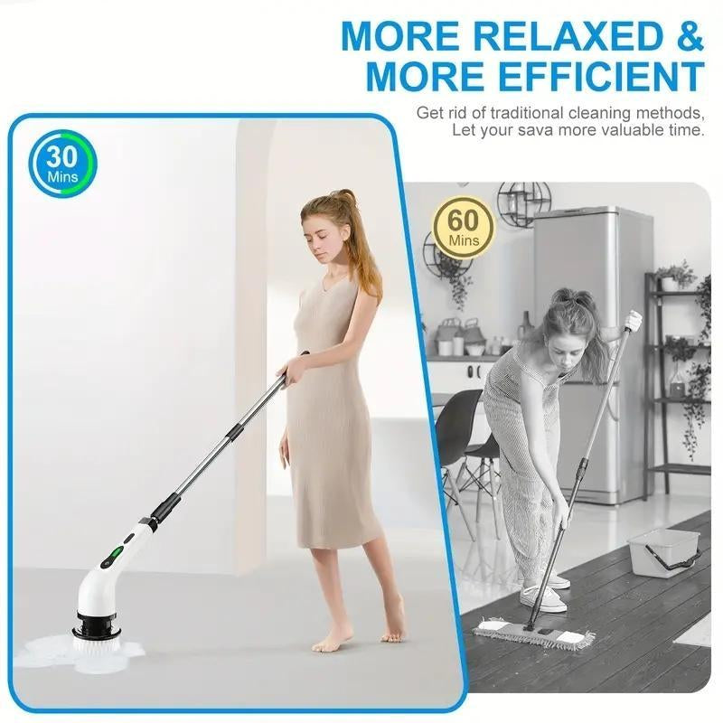 Electric Cleaning Brush, 1 Set USB Rechargeable Electric Rotary Floor Scrubber, Wireless Electric Rotary Scrubber with 9Pcs Brush Heads & Adjustable Extension Handle, Cleaning Tool