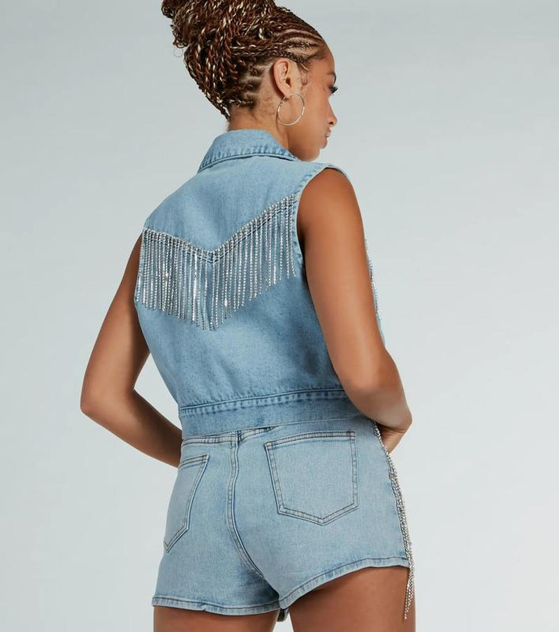 Country Glamour Rhinestone Fringe Denim Vest