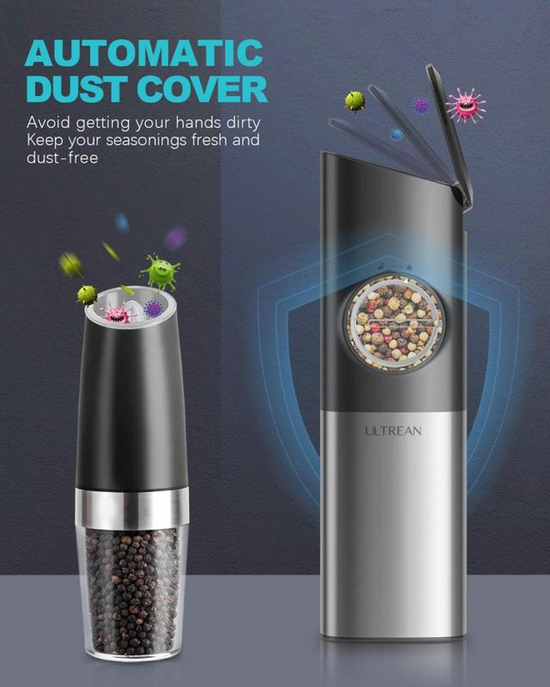 Gravity Electric Salt and Pepper Grinder Set - USB Rechargeable with Dual Charging Base - Adjustable Fineness - One Handed Operation, Stainless Steel Construction, Auto Dust Lids, LED Light