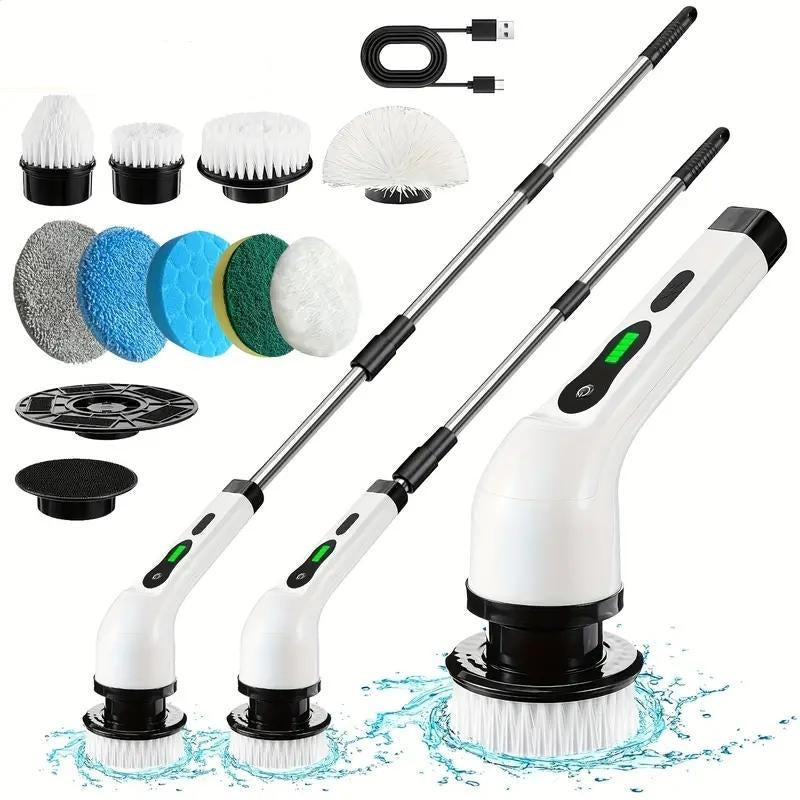 Electric Cleaning Brush, 1 Set USB Rechargeable Electric Rotary Floor Scrubber, Wireless Electric Rotary Scrubber with 9Pcs Brush Heads & Adjustable Extension Handle, Cleaning Tool