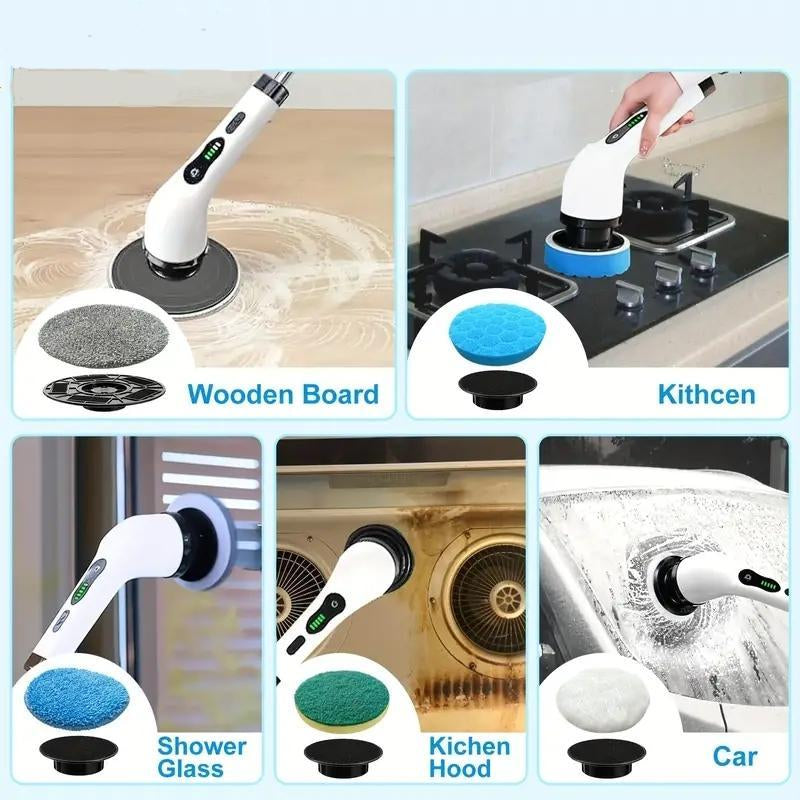 Electric Cleaning Brush, 1 Set USB Rechargeable Electric Rotary Floor Scrubber, Wireless Electric Rotary Scrubber with 9Pcs Brush Heads & Adjustable Extension Handle, Cleaning Tool