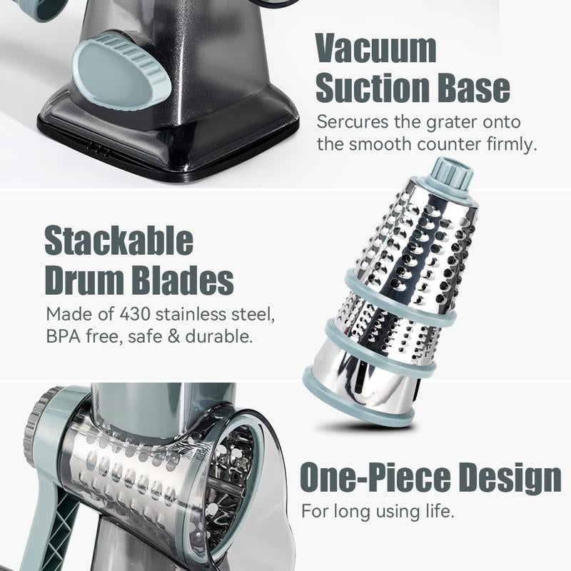 [On Sale] Rotary Cheese Grater with Handle Vegetable Cheese Shredder Slicer Grater for Kitchen 3 Changeable Blades for Cheese Potato - Grey Blue