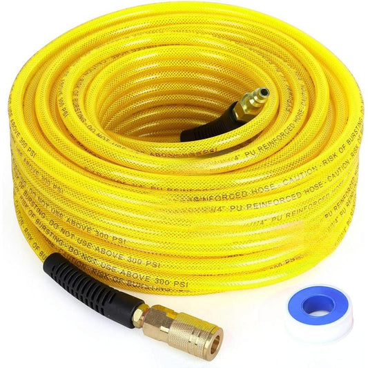 Air Compressor Hose 1/4 Inch X 100 Reinforced Polyurethane (PU) Air Hose with Fittings, Bend Restrictors, 1/4" Industrial Quick Coupler and Plug Kit, Yellow