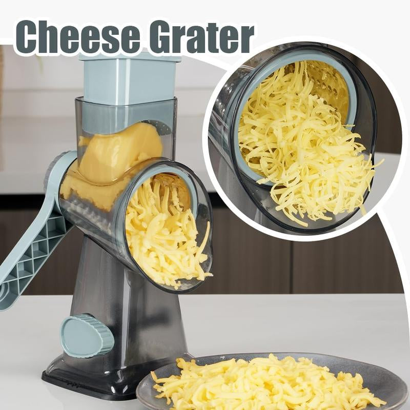 [On Sale] Rotary Cheese Grater with Handle Vegetable Cheese Shredder Slicer Grater for Kitchen 3 Changeable Blades for Cheese Potato - Grey Blue