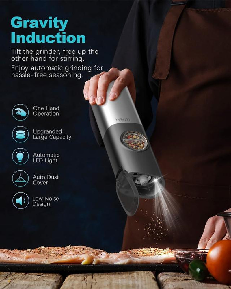 Gravity Electric Salt and Pepper Grinder Set - USB Rechargeable with Dual Charging Base - Adjustable Fineness - One Handed Operation, Stainless Steel Construction, Auto Dust Lids, LED Light