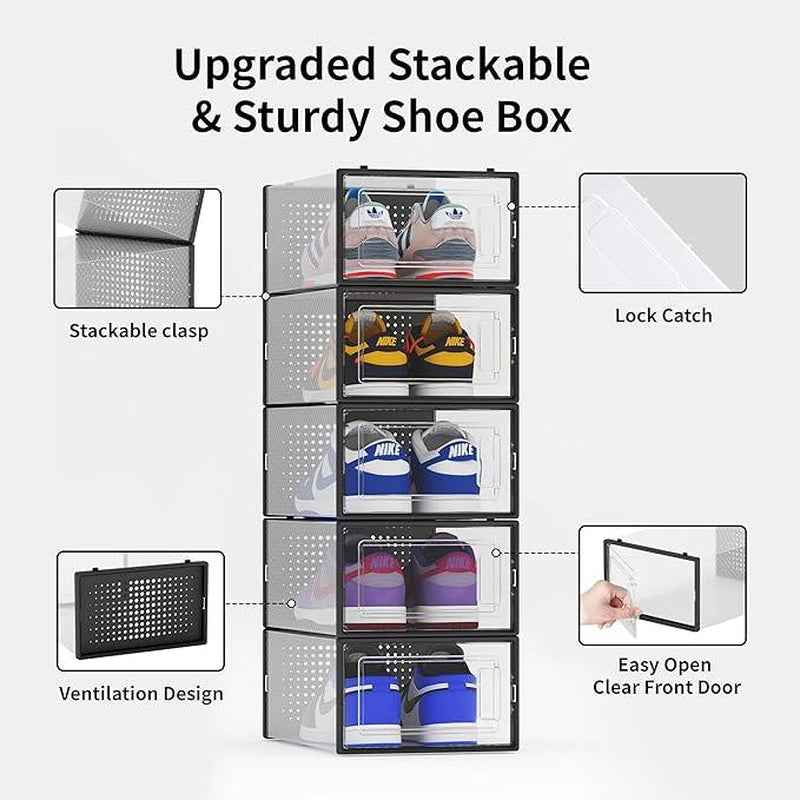 Pack of 12, Clear Plastic Stackable Shoes Organizer for Closet, Sneaker Container, Space Saving Foldable Shoe Rack for Room, Black Frame Lightweight