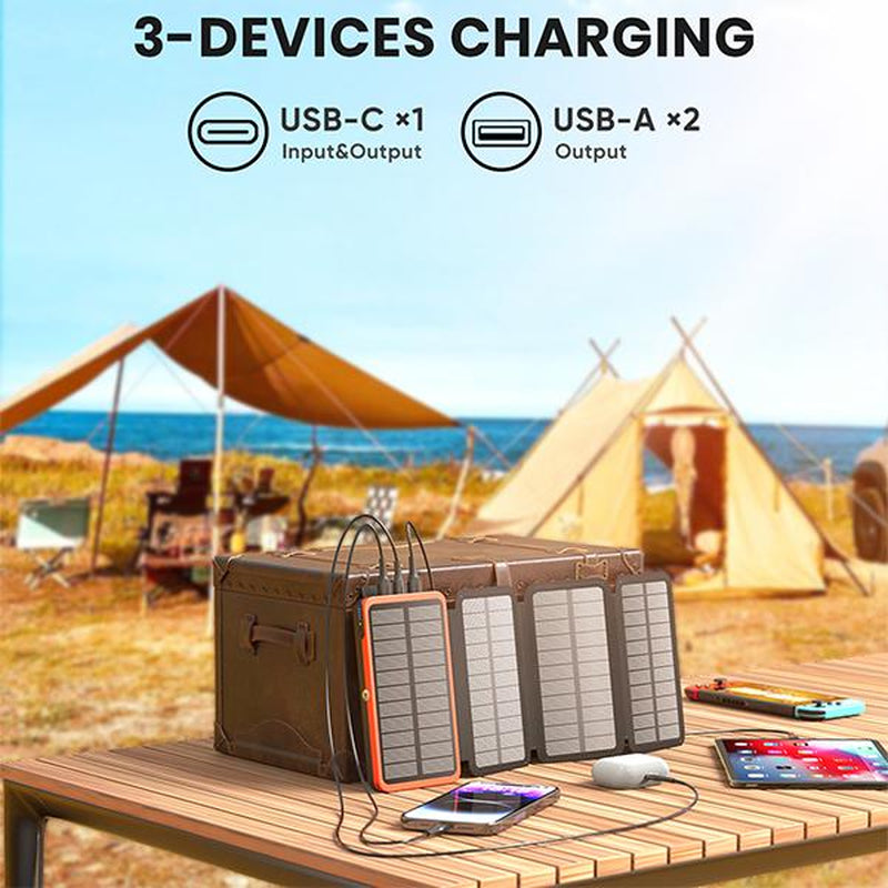 Solar Charger 27000Mah Power Bank 22.5W Fast Charging Portable Phone Charger with 4 Solar Panels USB C PD External Battery Pack with 3 USB Outputs for Cellphone Tablet