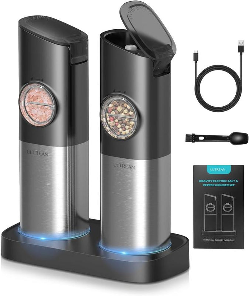 Gravity Electric Salt and Pepper Grinder Set - USB Rechargeable with Dual Charging Base - Adjustable Fineness - One Handed Operation, Stainless Steel Construction, Auto Dust Lids, LED Light